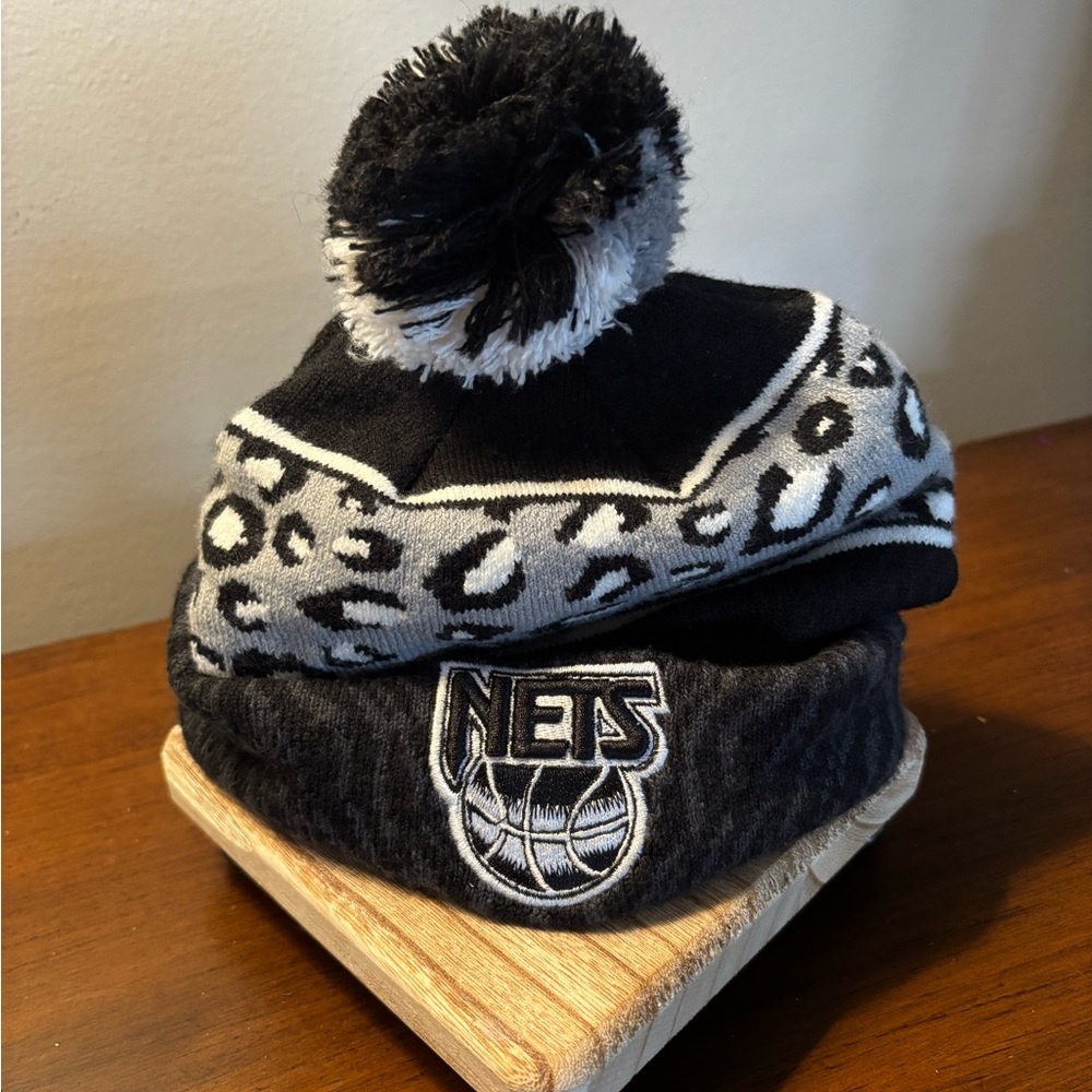Nets Basketball Stylish Black and Gray Pom-Pom Beanie